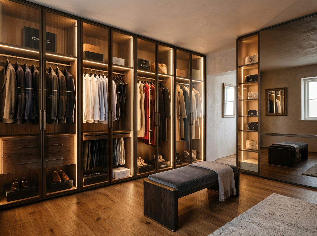 Bespoke walk-in wardrobe and illuminated storage